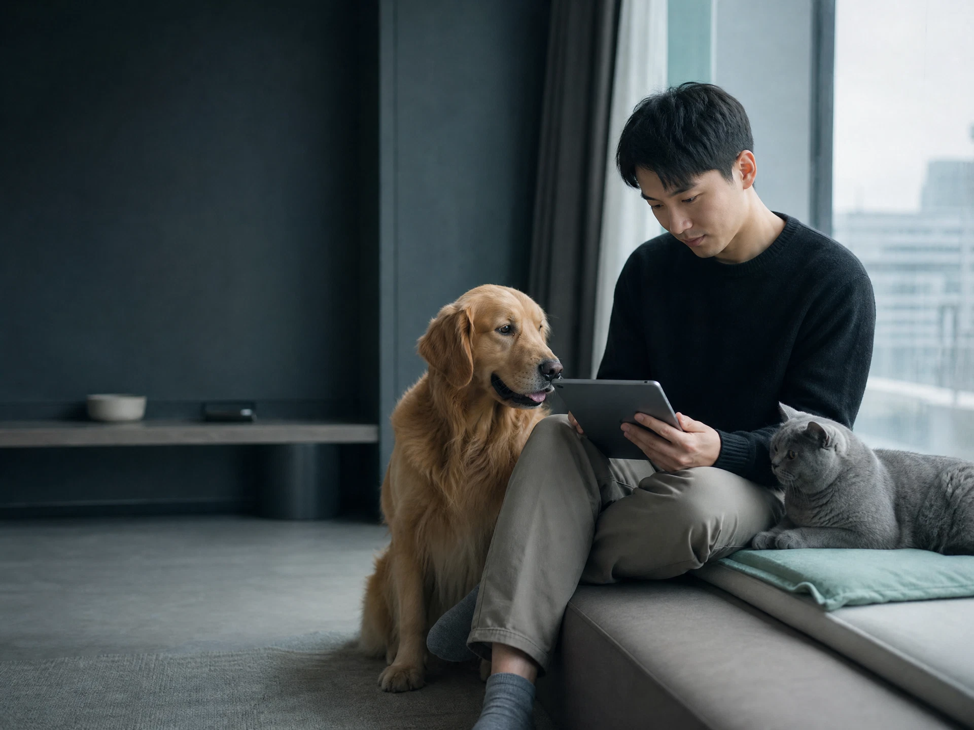 一位主人与犬猫一起查看照护清单